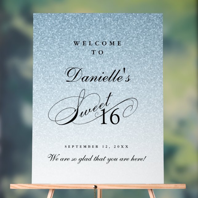Light Blue Glitter Sweet 16 Personalized Welcome Acrylic Sign (Neutral)