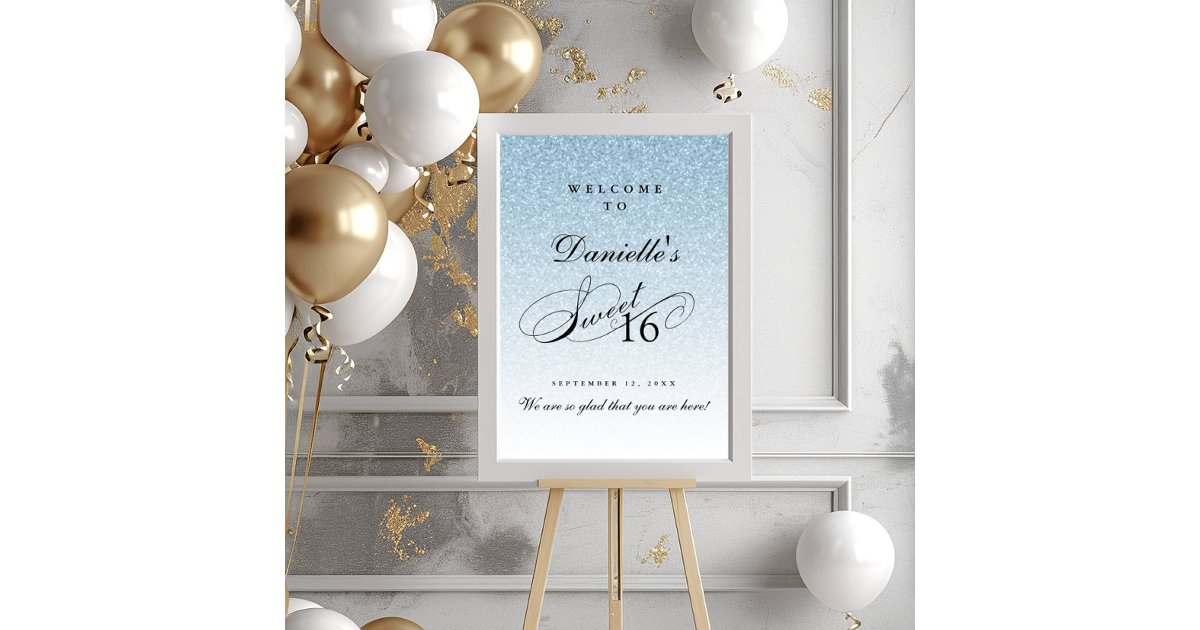 Light Blue Glitter Sweet 16 Personalized Welcome Poster | Zazzle