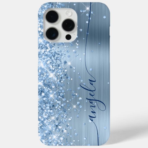Light Blue Glittery Glam Navy Signature iPhone 15 Pro Max Case