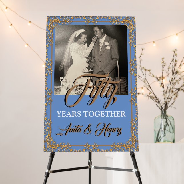 Light Blue & Gold 50th Wedding Anniversary  Foam Board (In Situ (Stand))