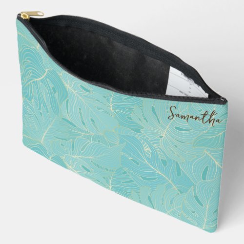 Light Blue  Gold Abstract Palm Leaves Pattern Accessory Pouch