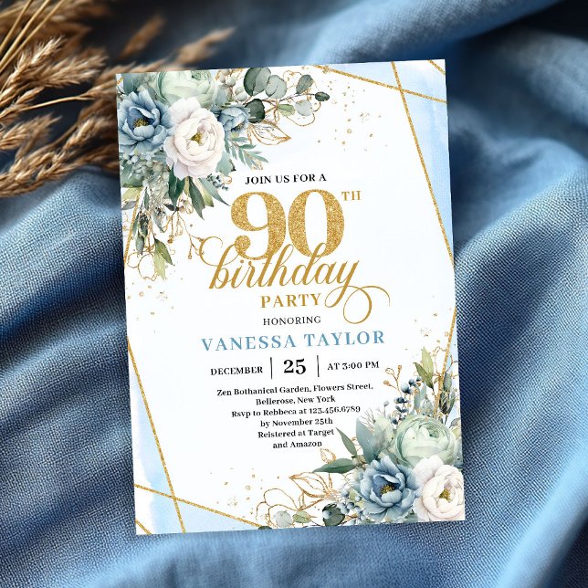 Light blue gold accents floral chic 90th birthday  invitation (Light blue gold accents floral chic 90th birthday invite)