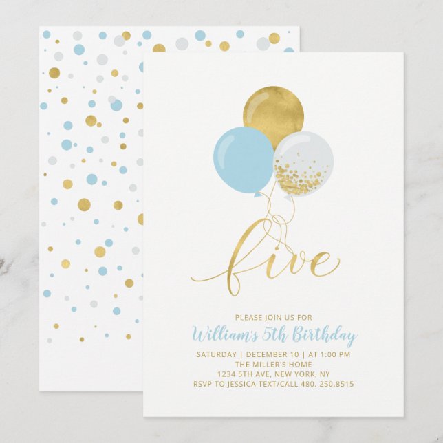 Light Blue & Gold Balloons Five 5th Birthday Party Invitation (Front/Back)