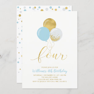 Light Blue & Gold Balloons Four 4th Birthday Party Invitation