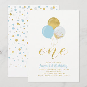 Light Blue & Gold Balloons   One 1st Boy Birthday Invitation