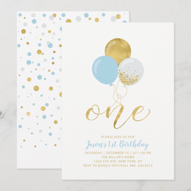 Light Blue & Gold Balloons | One 1st Boy Birthday Invitation (Front/Back)