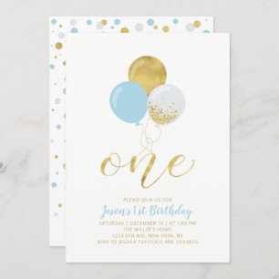Light Blue & Gold Balloons One 1st Boy Birthday Invitation