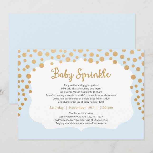 Light Blue gold boy baby sprinkle invite, baby #2 Invitation (Front/Back)