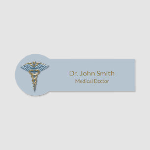 Light Blue Gold Caduceus Fine Professional Medical Name Tag