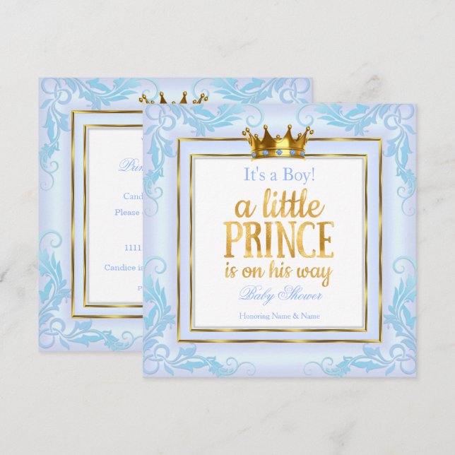 Light Blue Gold Crown Prince Baby Shower Boy Invitation (Front/Back)
