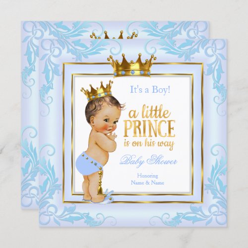 Light Blue Gold Crown Prince Baby Shower Brunette Invitation