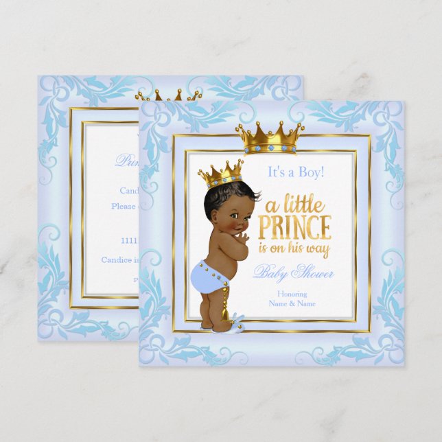 Light Blue Gold Crown Prince Baby Shower Ethnic Invitation (Front/Back)