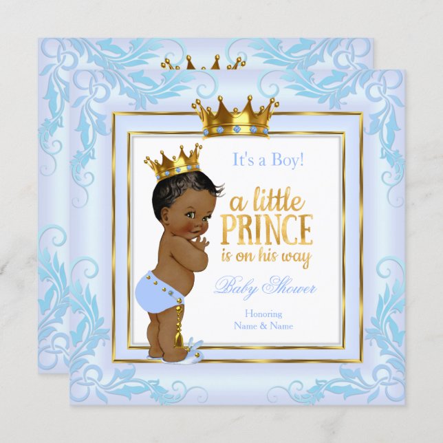 Light Blue Gold Crown Prince Baby Shower Ethnic Invitation (Front/Back)