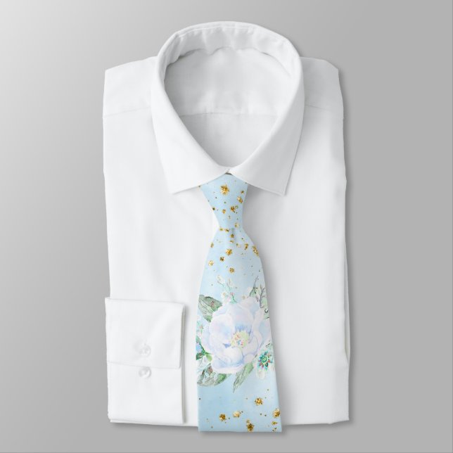 Light Blue  Gold Floral Groom wedding Neck Tie (Tied)