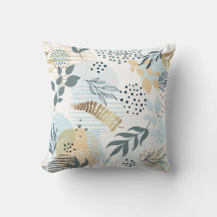Light blue gold foliage botanical pattern throw pillow