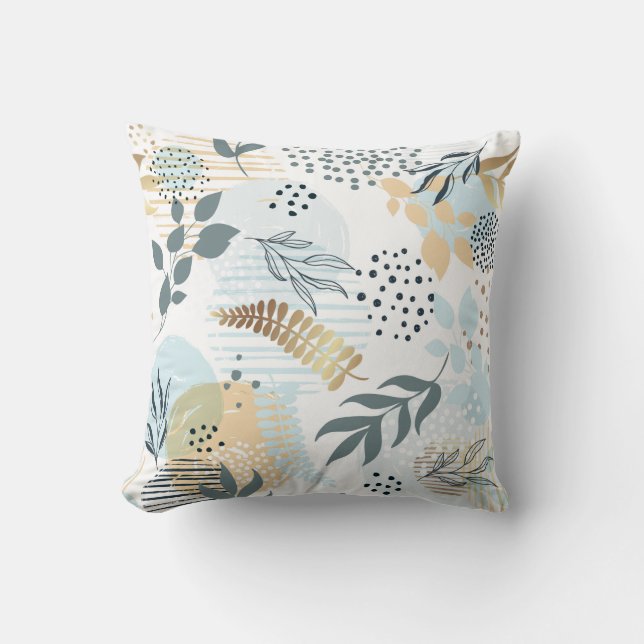 Light blue gold foliage botanical pattern throw pillow (Front)