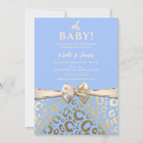 Light Blue  Gold Glam Leopard Print Baby Shower Invitation