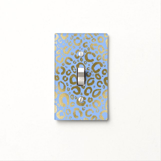 Light Blue & Gold Glam Leopard Print Light Switch Cover (In Situ)