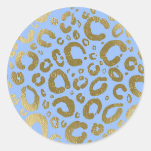 Light Blue & Gold Glam Leopard Print Party Classic Round Sticker
