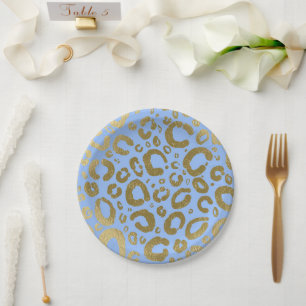Light Blue & Gold Glam Leopard Print Party Paper Plates