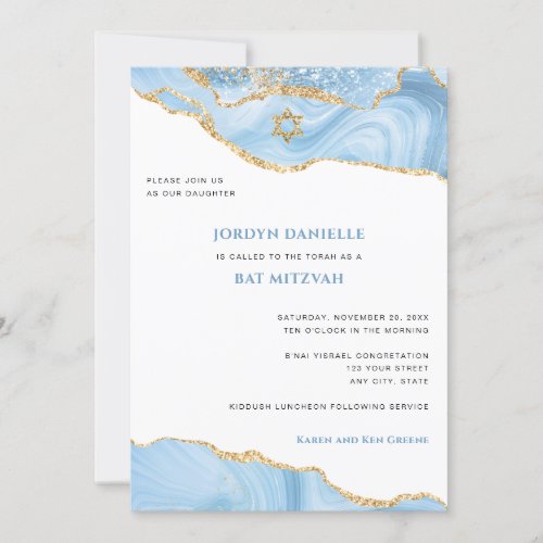 Light Blue  Gold Glitter Agate Photo Bat Mitzvah Invitation