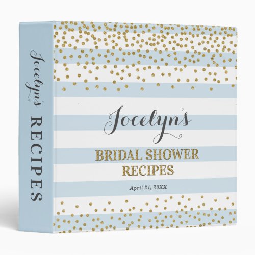 Light Blue Gold Glitter Bridal Shower Recipe Book 3 Ring Binder