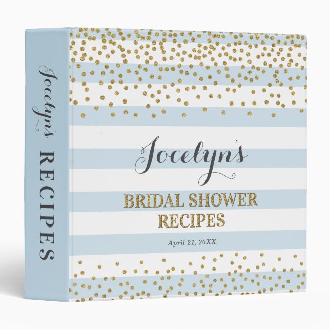 Light Blue Gold Glitter Bridal Shower Recipe Book 3 Ring Binder (Front/Spine)