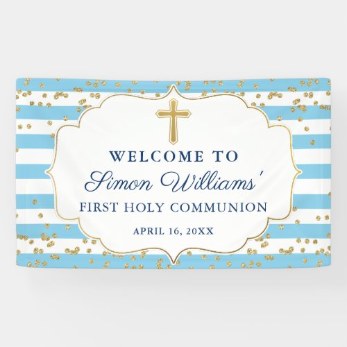 Light Blue Gold Glitter First Holy Communion Banner