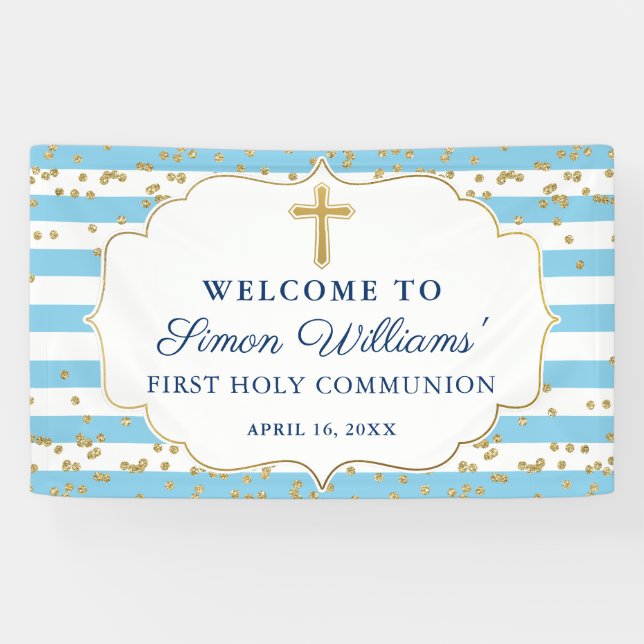 Light Blue Gold Glitter First Holy Communion Banner (Horizontal)