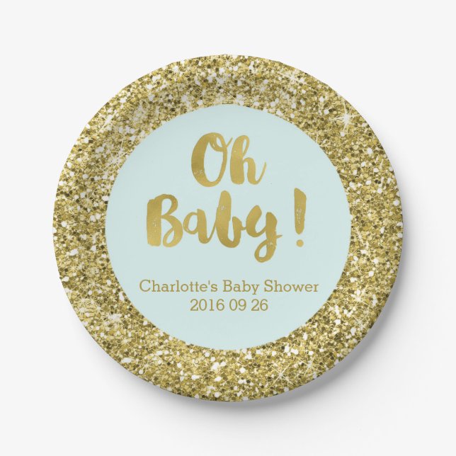 Light Blue Gold Glitter Oh Baby Baby Shower Plate (Front)