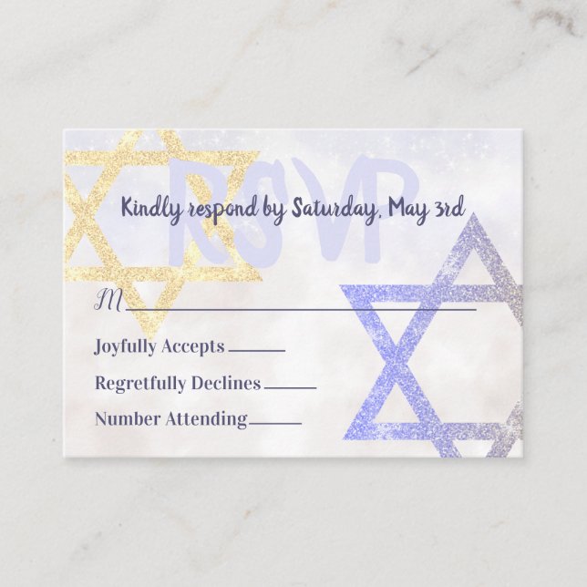 Light Blue, Gold Glitter Stars RSVP Card (Front)