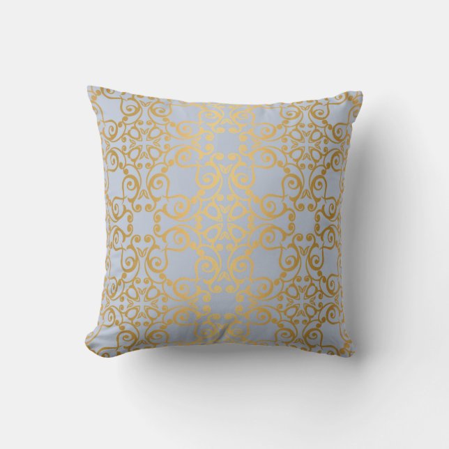 LIGHT BLUE GOLD  HAMPTONS PATTERN CUSHION (Front)