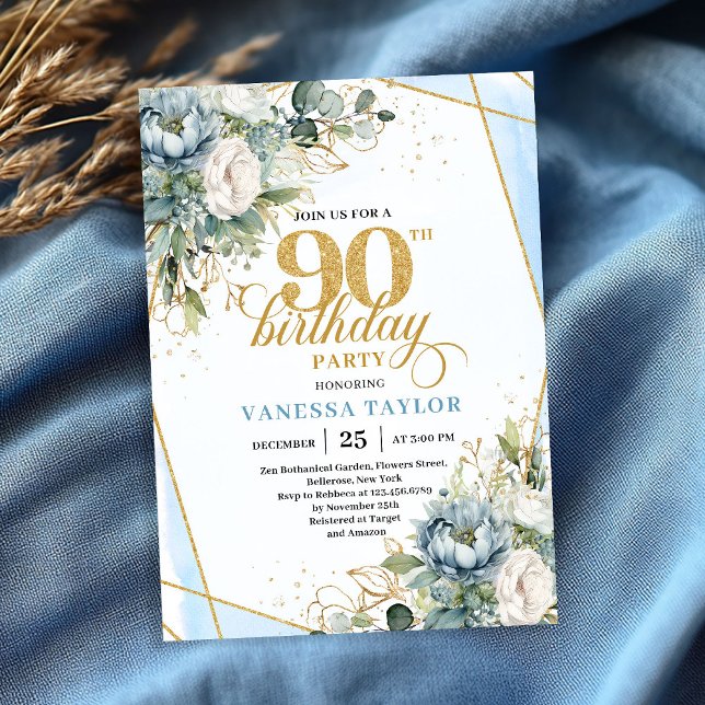 Light blue gold luxe border greenery 90th birthday invitation (Light blue gold luxe border greenery 90th birthday invite)