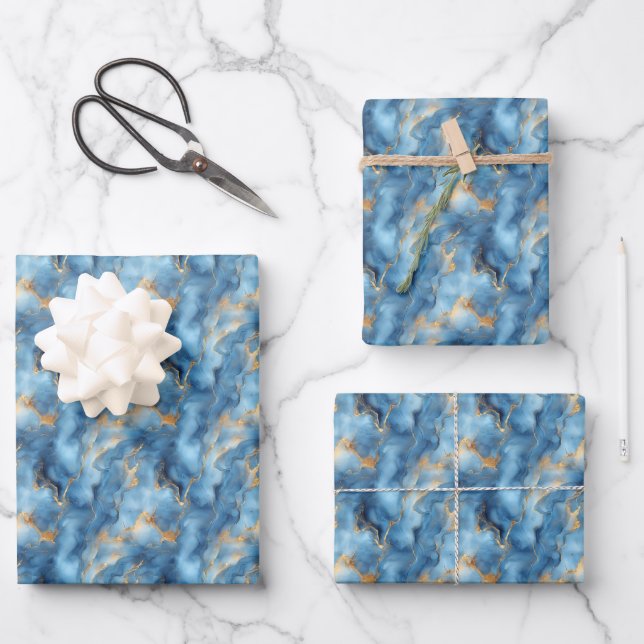 Light Blue & Gold Marble Wrapping Paper Sheets (Front)