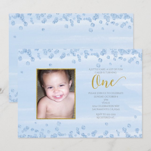 Light Blue Gold ONE 1st Birthday Photo Invitation (Front/Back)