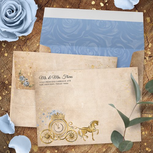 Light Blue Gold Princess Carriage Return Address Envelope