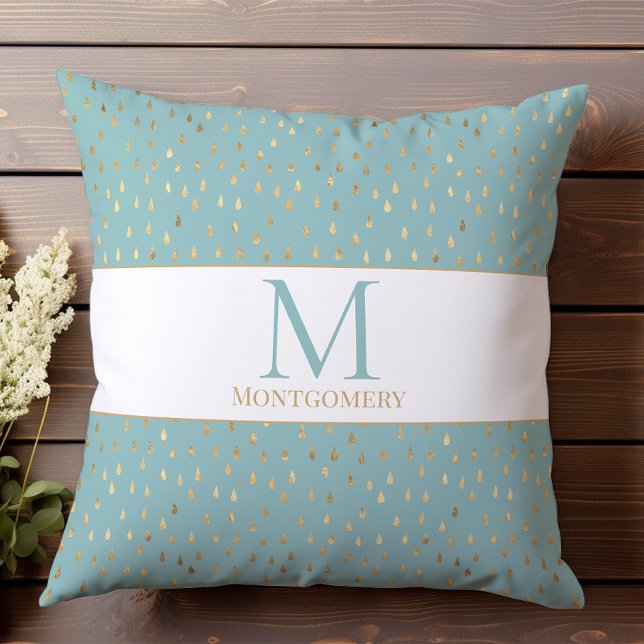 Light Blue Gold Raindrop Modern Trendy Monogram Throw Pillow (Creator Uploaded)