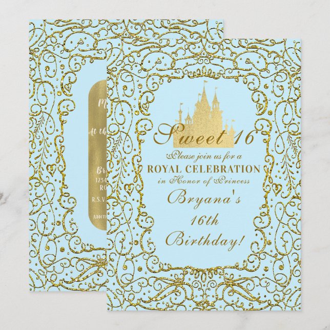 Light Blue & Gold Royal Castle Princess Sweet 16 Invitation (Front/Back)