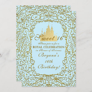 Light Blue & Gold Royal Castle Princess Sweet 16 Invitation