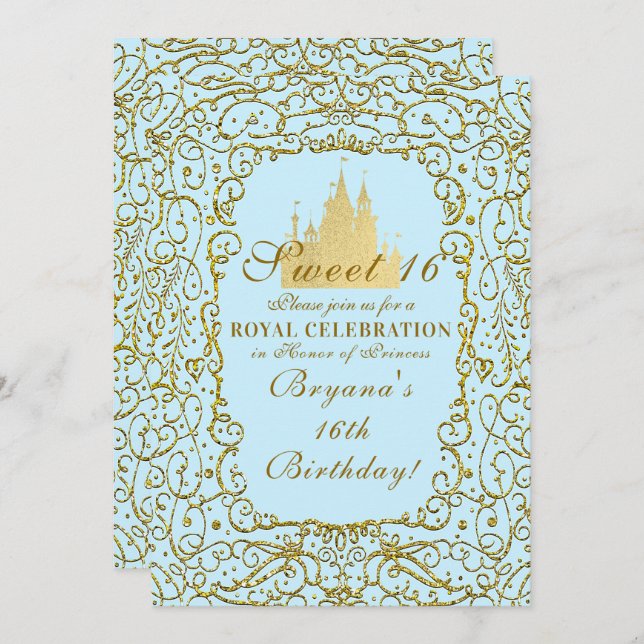 Light Blue & Gold Royal Castle Princess Sweet 16 Invitation (Front/Back)