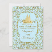 Light Blue & Gold Royal Castle Princess Sweet 16 Invitation (Front)