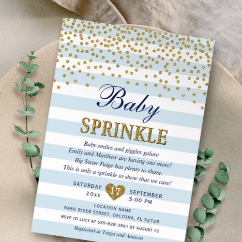 Light Blue Gold Stripe Confetti Baby Boy Sprinkle Invitation