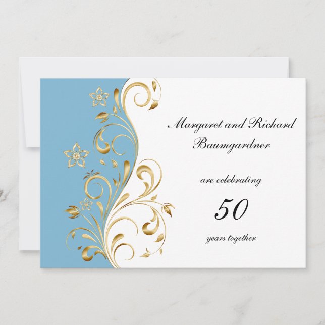 Light Blue Gold Swirls 50th Wedding Anniversary Invitation (Front)