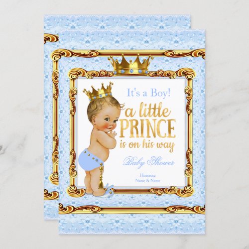 Light Blue Gold White Prince Baby Shower Blonde Invitation