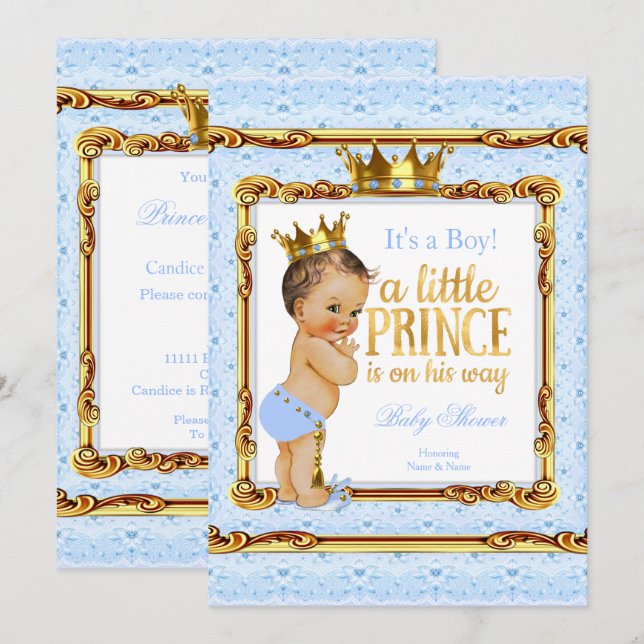 Light Blue Gold White Prince Baby Shower Brunette Invitation (Front/Back)