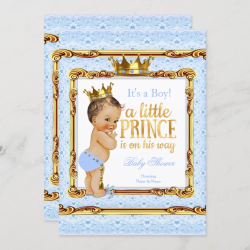 Light Blue Gold White Prince Baby Shower Brunette Invitation