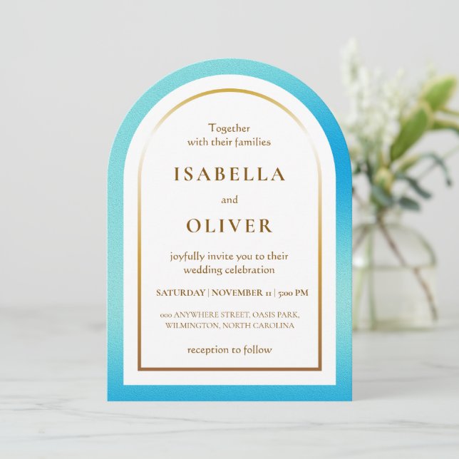 Light blue golden frame gradient wedding invitation (Standing Front)