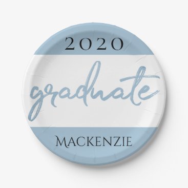 Light Blue Graduate | Cool Brush Script on White Paper Plate Light Blue Graduate | Cool Brush Script on White Paper Plate