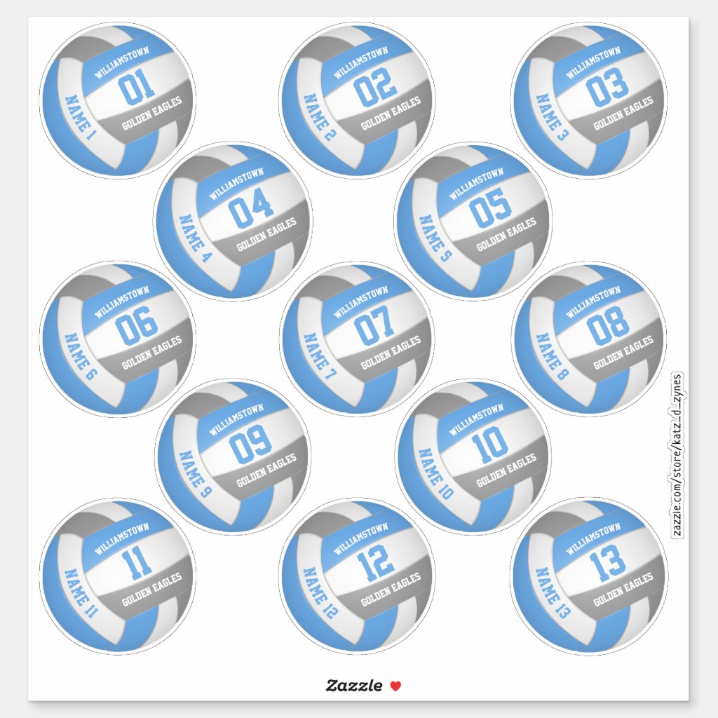 light blue gray 13 volleyball players names sticker sheet