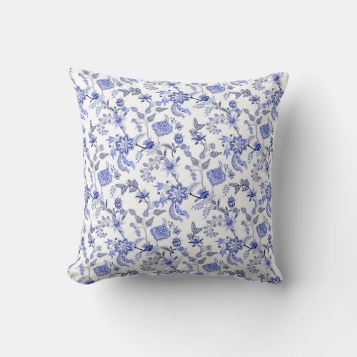 Light Blue Gray and White Floral Chintz Decorator Throw Pillow